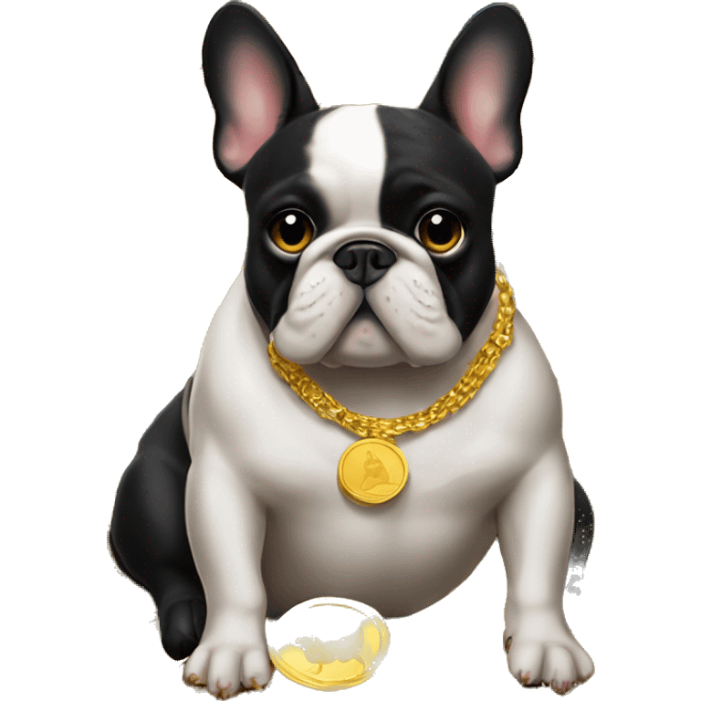 Black-and-tan French bulldog laying on big pile of gold coins emoji