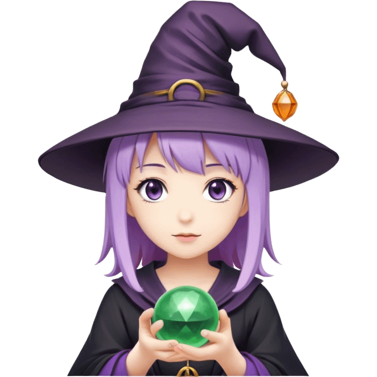 anime girl with lilac hair in a witch hat holding a fortune ball emoji