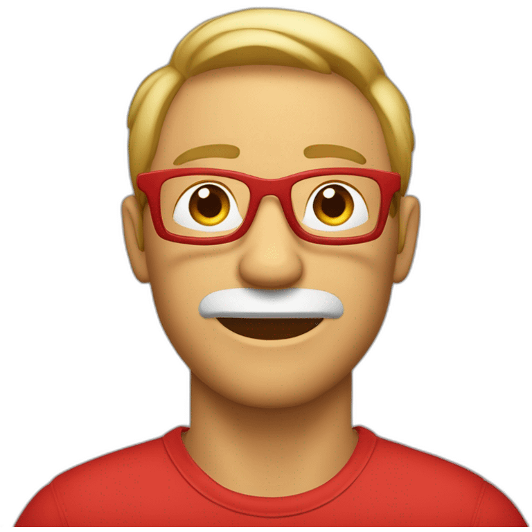 Hombre gordo ligeramente canoso con gafas sin montura y un polo rojo emoji