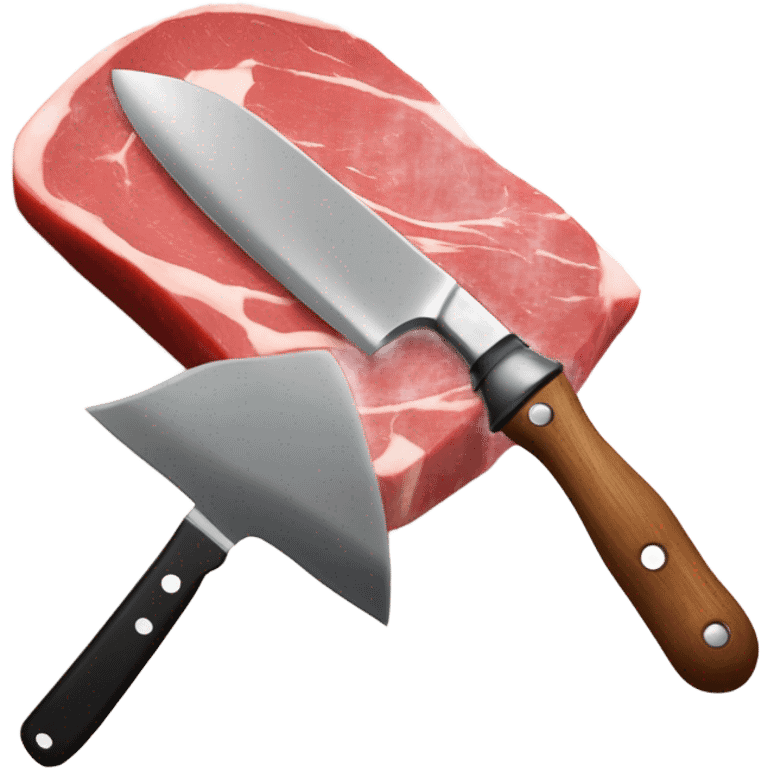 Cuchillo cortando una pieza de carne cruda de cerdo o ternera encima de una tabla de cortar roja, el cuchillo debe ser rojo o negro emoji