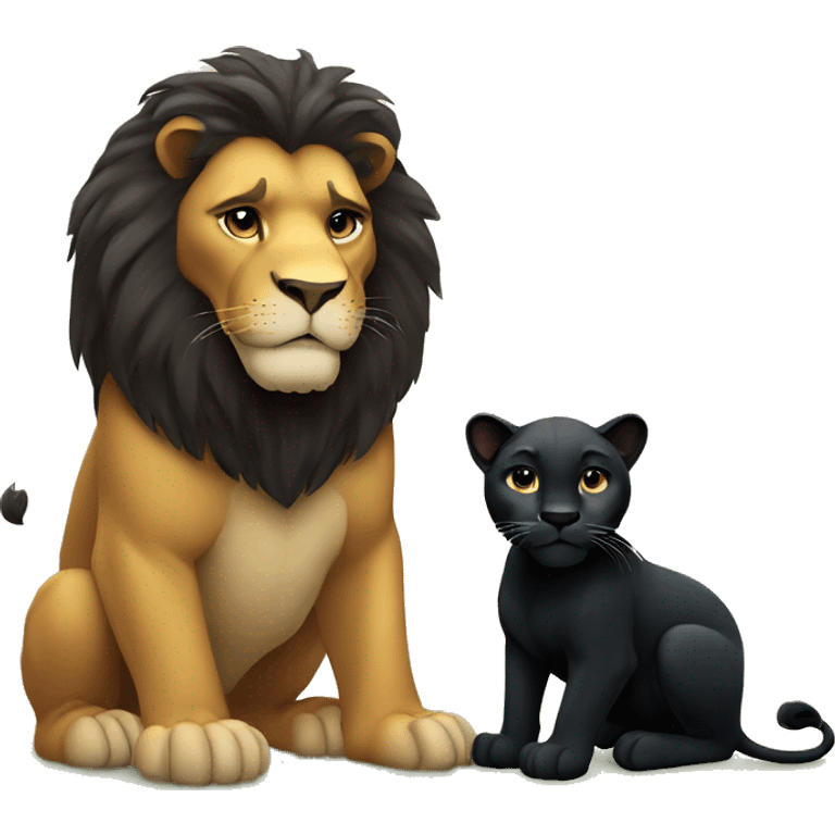 Big serious lion sitting next to a little young black panther emoji