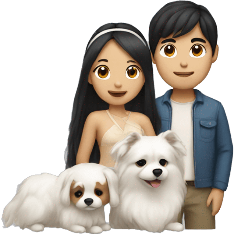 an Asian girl with long hair and an Asian guy with a headband. they are holding a small white fluffy dog emoji