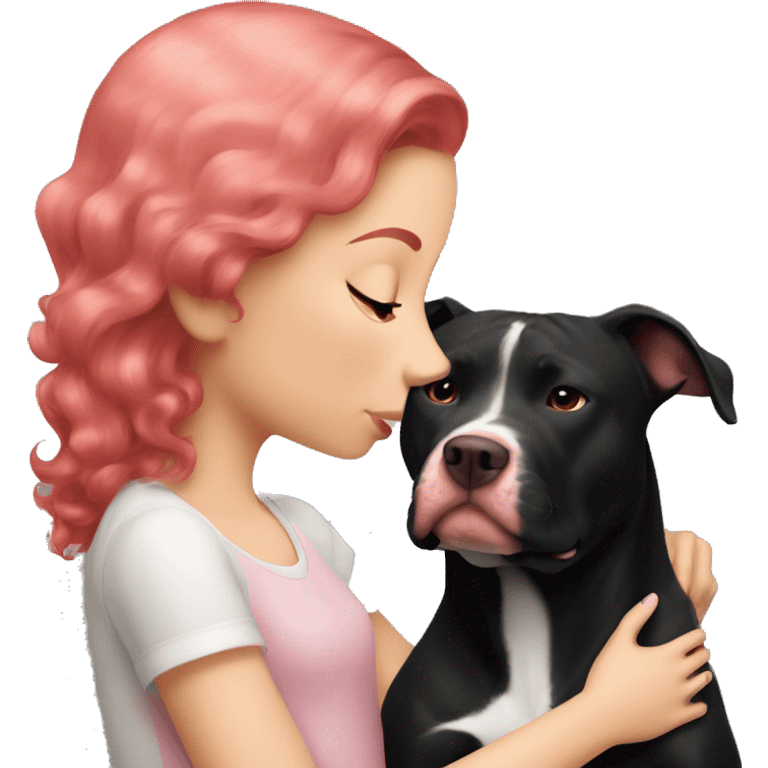 Girl with red hair kissing big black pitbull dog, pink hearts emoji