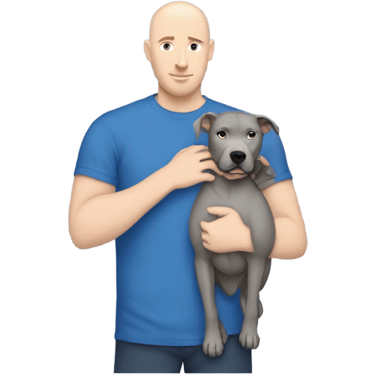 bald white man no beard with blue eyes and blue tshirt Hugging large grey pit bull emoji