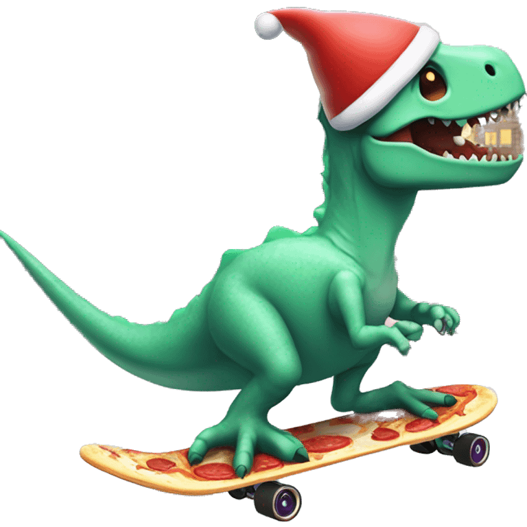 Dinossur riding a skateboard eating ice cream in one hand and pizza inbthe other with a Santa hat in the snow skating by a haunted house with bats flying around it emoji