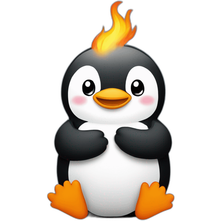 a cute penguin with hands on fire sitting cross-legged on a cloud emoji