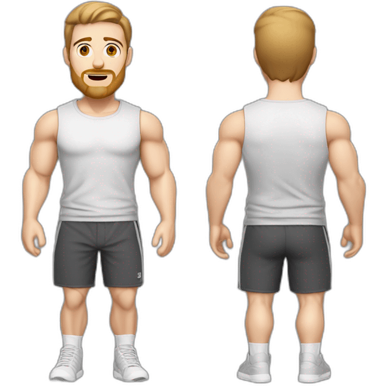 Full height Pale skinned muscular man With Realistic eyes and mouth, light brown hair and stubble In dark gray sleeveless mike, black oversize sports shorts, watch and white sneakers. emoji