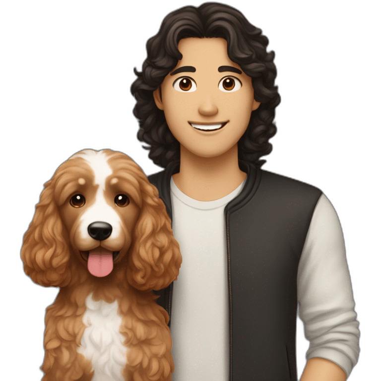 guy with brown wavy hair and asian girl with long black hair holding red goldendoodle emoji