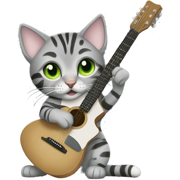 Grey bengal cat with light green eyes playing a guitar emoji