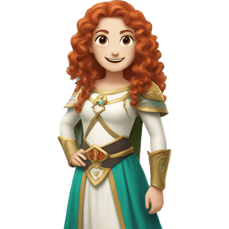 a white girl with long red curly hair and freckles, cosplaying Princess Zelda posing and smiling emoji