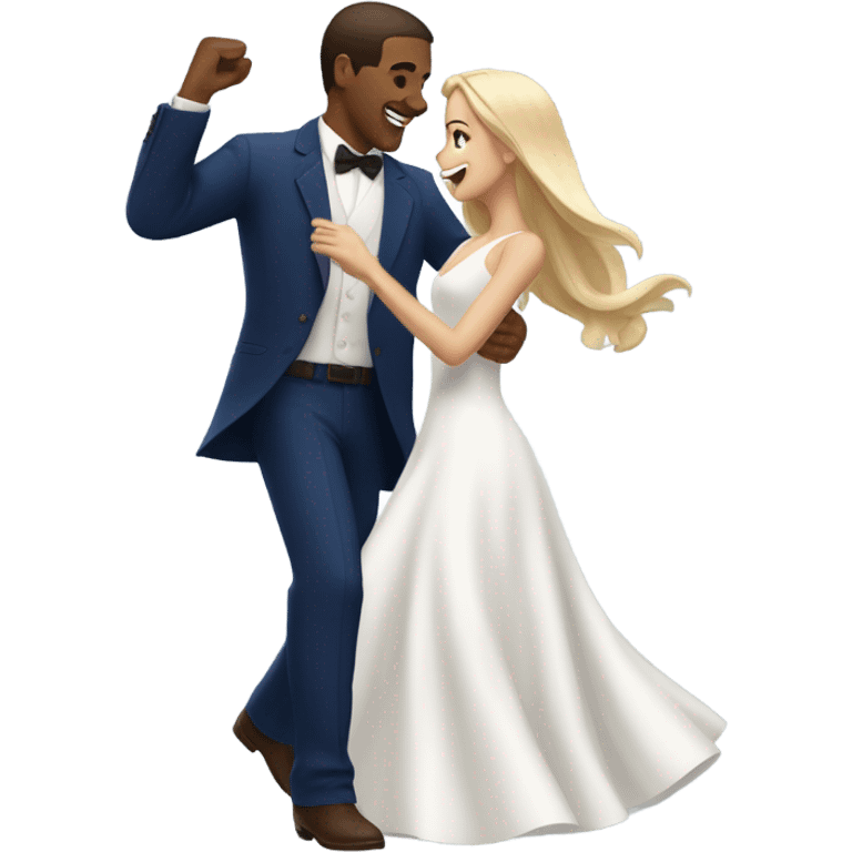 Puerto rican beard short brown hair with blue hat and navy blue suit first dance with blond long hair girl with white  wedding dress  emoji