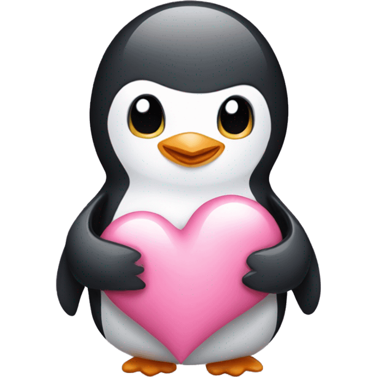 Shy penguin holding pink heart emoji