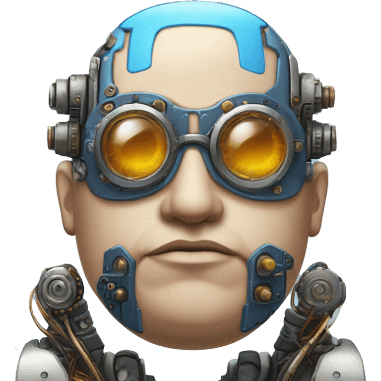 Fat bald cyborg head with tan skin, blue beard, blue steampunk goggles and circuits emoji