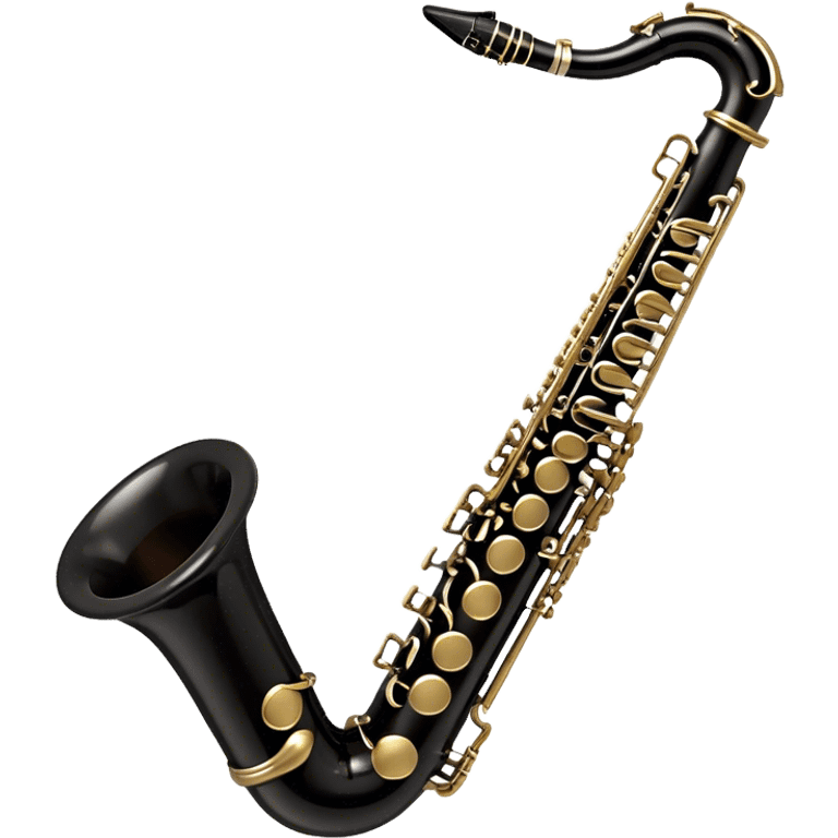 Create a detailed and unique emoji representing a black clarinet with a saxophone-style mouthpiece. The design should feature the sleek, dark wood finish of the clarinet, with its shiny metal keys clearly visible, but at the top, include the large, curved mouthpiece typical of a saxophone. The mouthpiece should have a reed, similar to the one used in a saxophone, with subtle details to indicate its function. Use dark wood tones for the body of the instrument and silver or brass accents for the keys. Add small musical notes or soundwaves around the instrument to evoke its smooth, melodic sound. The background should be transparent emoji