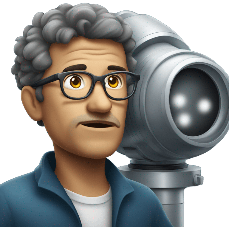 Astronomer with glasses pushed up on his forehead bending over to look through huge telescope emoji