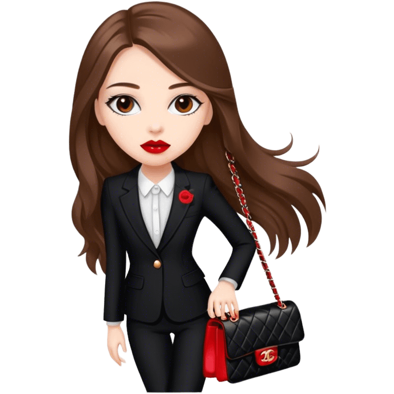 White girl with brown long hair dressed up in black chanel suit with a red chanel bag and red lipstick emoji