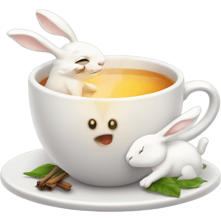 Cup of hot tea with white cute rabbits  emoji