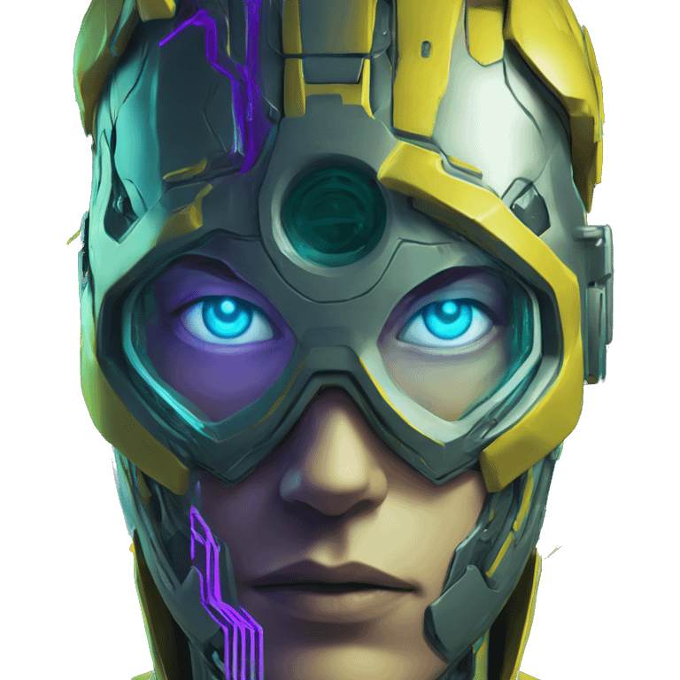 Secret human yellow emoji face agent with  cyberpunk elements with a spyglass scanning looking reviewing multicolor lines of code, cyan and purple colors, only upper body portrait emoji