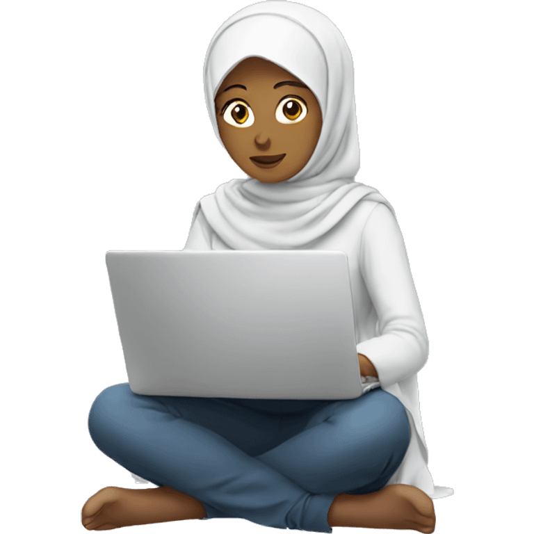 girl in hijab sitting at laptop with face emoji