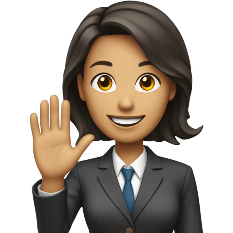 a brunet woman in business suit waving with a nice smile emoji