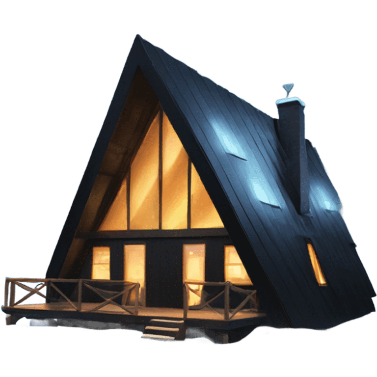 Black A-Frame Cabin with glowing windows and snowing emoji