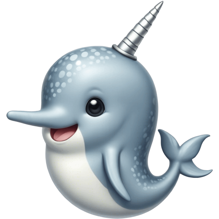 Cinematic Noble Cute Narwhal Portrait Emoji, Poised and graceful, with a streamlined, gently curved body clad in mottled, silvery-gray skin, accented by a long, spiraled ivory tusk and wide, expressive eyes radiating playful intelligence, Simplified yet sharp and sophisticated features, highly detailed, glowing with a cool, frosted ocean glow, high shine, intelligent and enigmatic, stylized with an air of whimsical marine majesty, focused and graceful, soft glowing outline, capturing the essence of a watchful and confident cute narwhal that appears ready to glide out of the screen with effortless charm! emoji