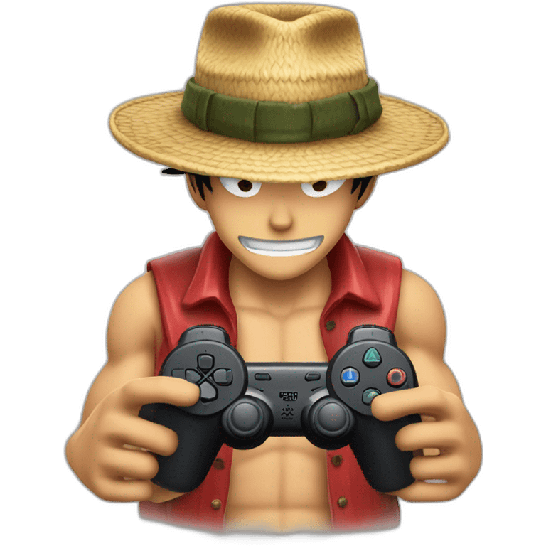 Homme peau claire, cheveux châtain en arrière, avec le chapeau de Luffy et une manette ps5 en main emoji