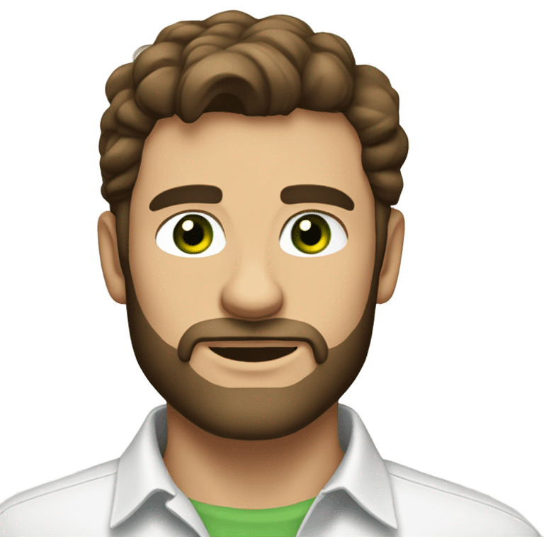 handsome optimist brunette man and beard green eyes wearing white button down shirt  emoji