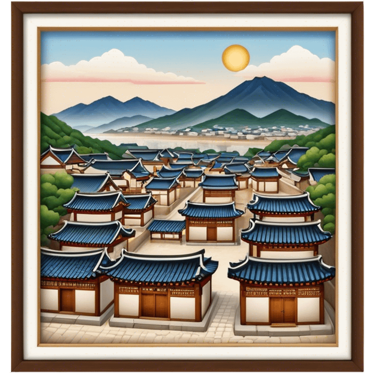 Cinematic Realistic Bukchon Hanok Village Landmark Emoji, depicted with traditional Korean houses set against a scenic backdrop rendered with detailed textures and warm, inviting lighting. emoji