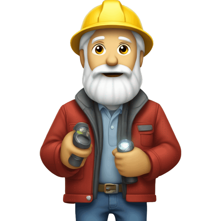 Old diamond miner with a big white beard, dynamite in his hand, red jacket, jeans, yellow helmet with flashlight emoji