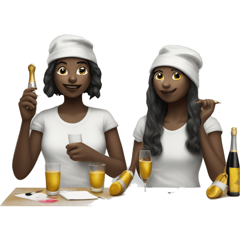 two girls one black and one once, dressed as painters with paint brush and paint all over drinking champagne emoji