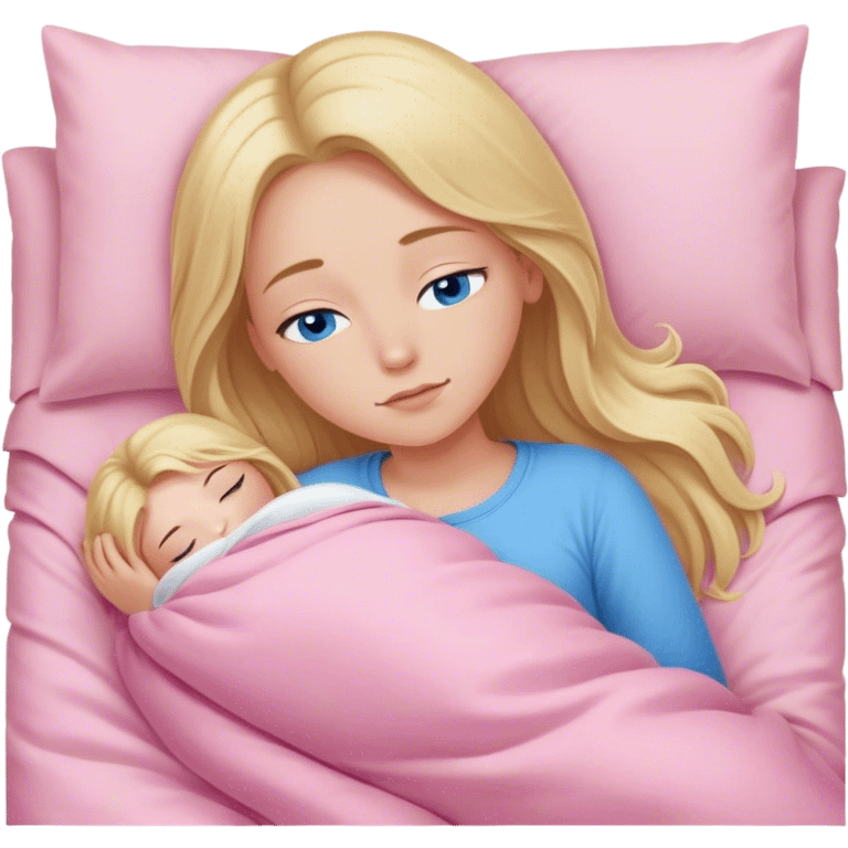 Cinematic realistic blonde with long hair, blue eyes, dressed in a pink top, sleeping in a cozy, soft bed, covered with a white duvet emoji