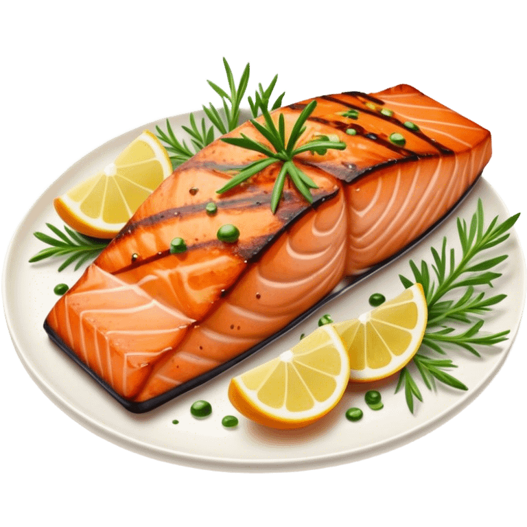 Cinematic perfectly grilled salmon, rich orange hues with crispy skin, garnished with fresh herbs, drizzled with lemon, ultra-detailed and delicious. emoji