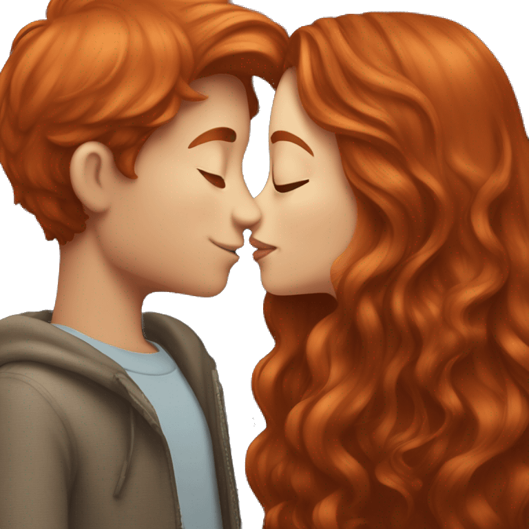 Redhead girl kissing boy with long brown hair  emoji