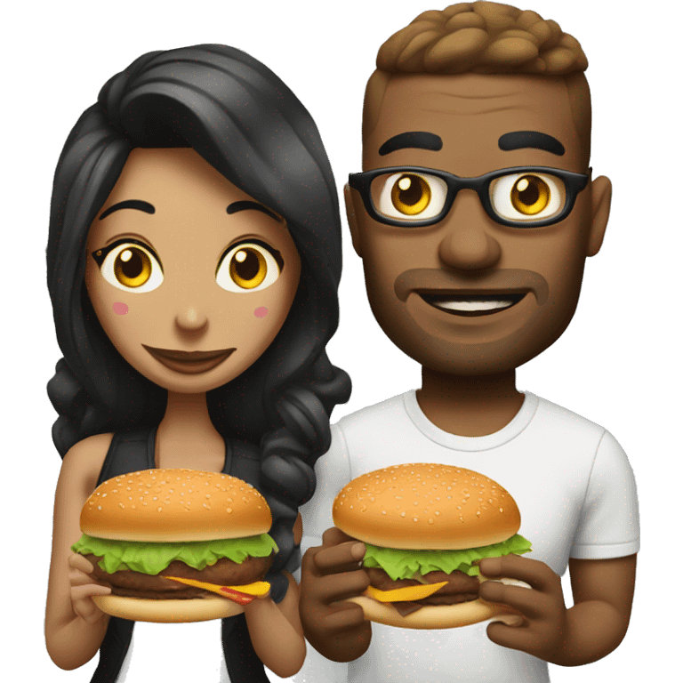 Beautiful tattooed couple eating burgers emoji