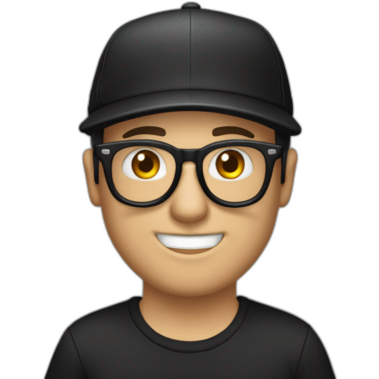 drummer man, caucasian, with a black cap, glasses to see, with a grimace gesture and black t-shirt emoji