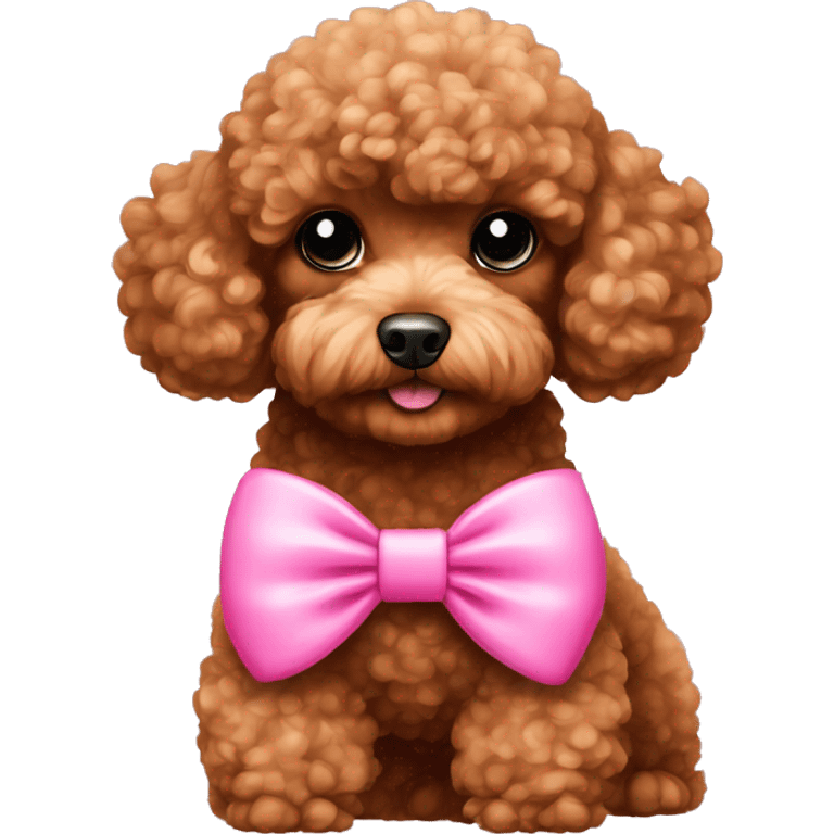 Brown toy poodle laying with pink bow emoji