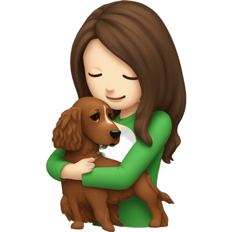 Brunette white girl hugging an irish setter dog emoji