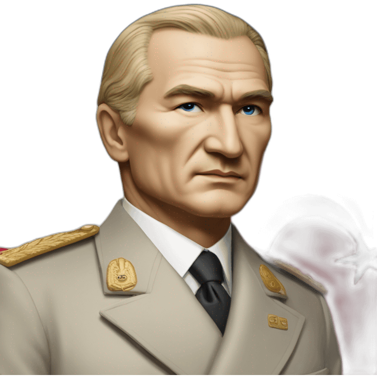 a portrait of mustafa kemal ataturk with blonde hair and blue eyes looking at turkey flag emoji