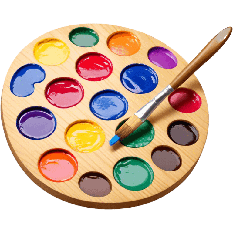 Cinematic Realistic image of a vibrant paint palette and brush, featuring a wooden palette smeared with an array of richly blended colors and a finely detailed brush with soft, delicate bristles, set against a softly textured background that evokes artistic inspiration emoji