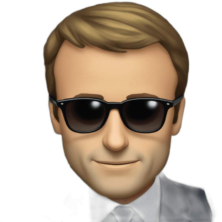 Emmanuel Macron wearing sunglasses, there is a big € on each eye of the glasses, cartoon money eyes emoji