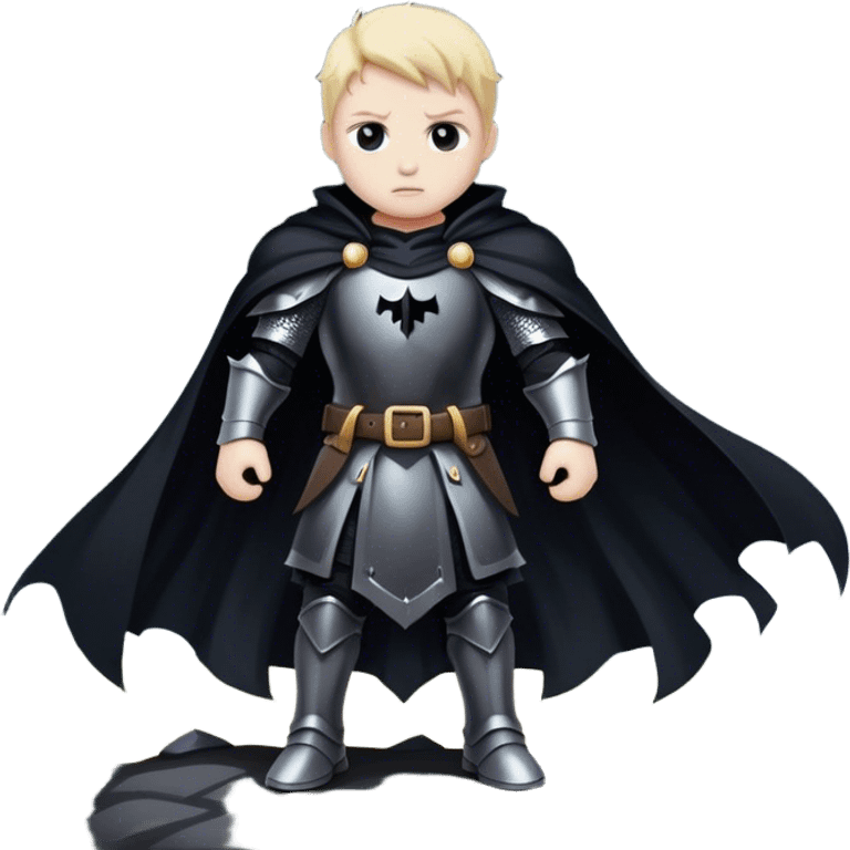 A shadowy knight with a black cape, standing in a stormy battlefield emoji