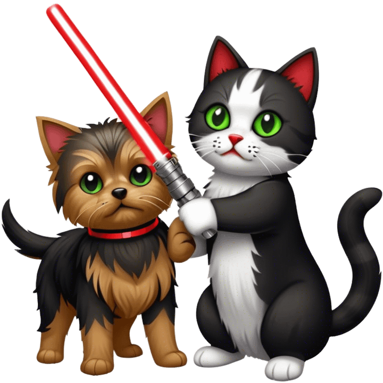 yorkshire terrier with green lightsaber fighting a black and white cat with a red lightsaber emoji