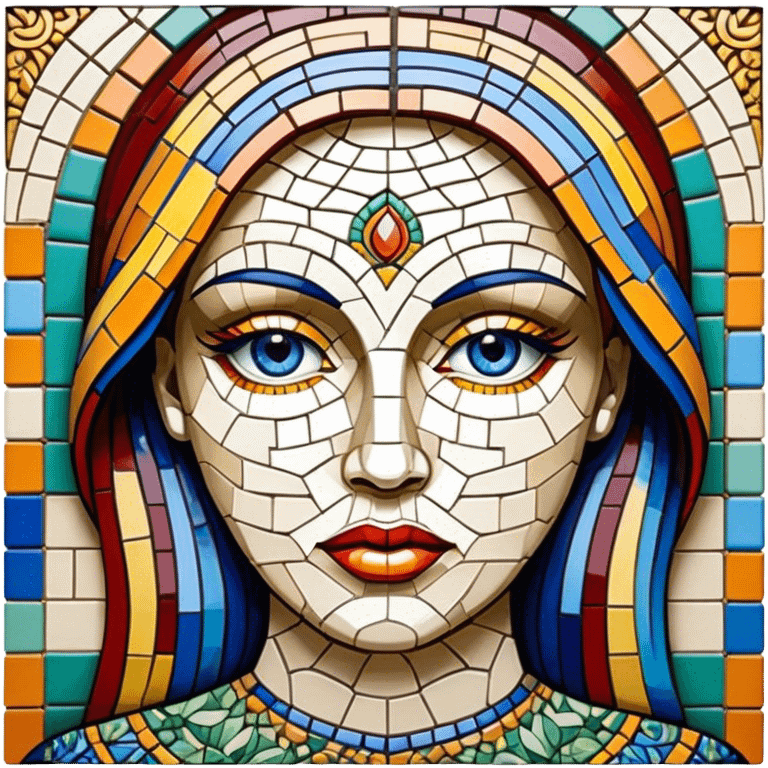 Mosaic art icon, colorful tiles forming a detailed picture, like a landscape or portrait, intricate patterns, some tiles in process of placement, minimalistic style, clean lines, transparent background. emoji