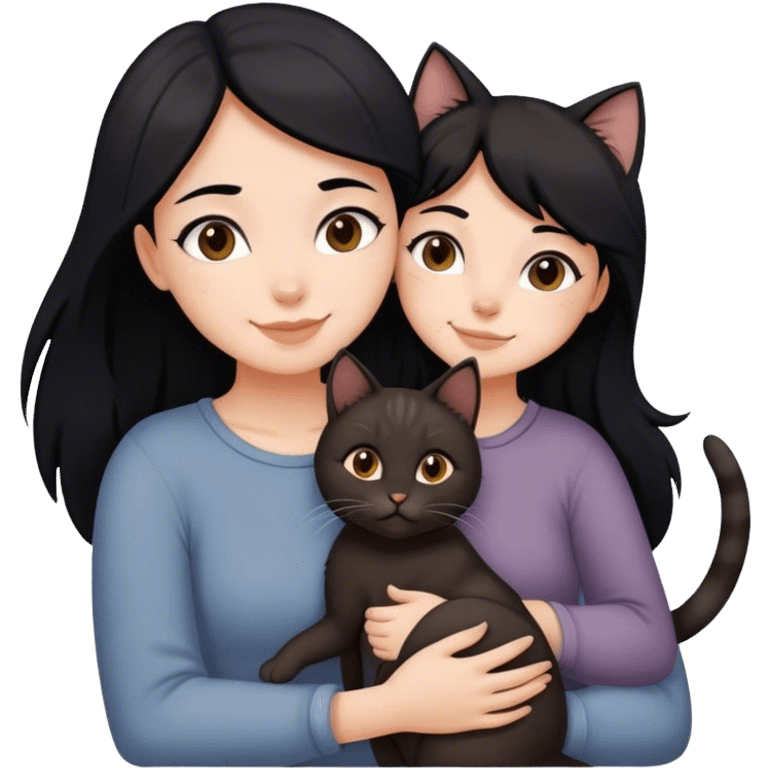 happy girl with black hair hugging three cats  (dark brown cat, full gray cat, brown calico cat) emoji