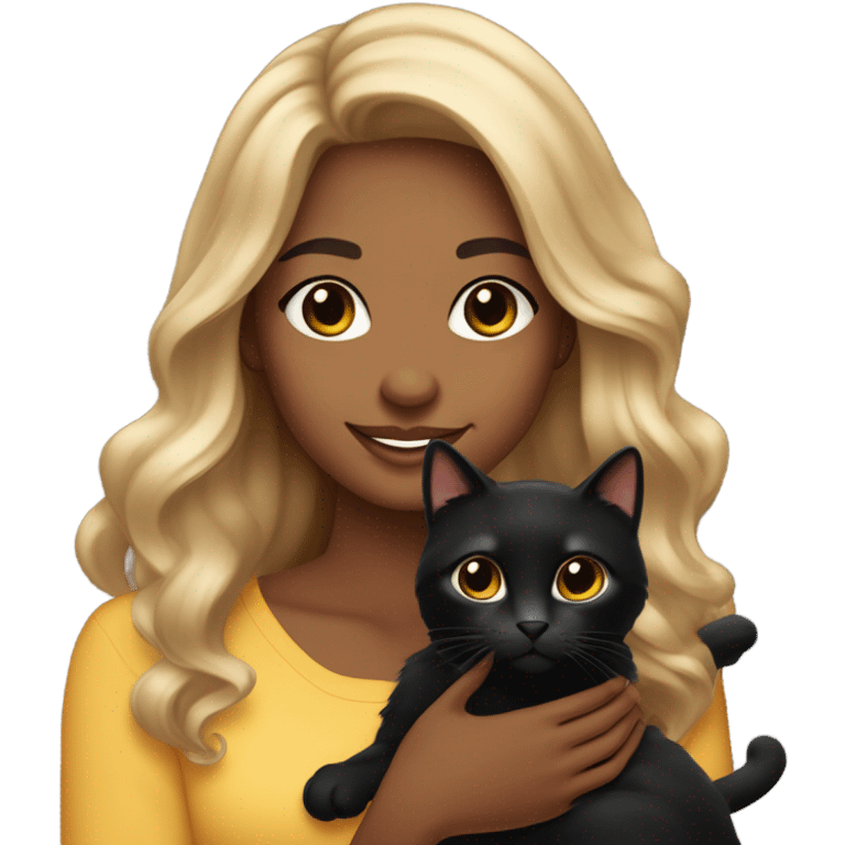 
"Young woman with medium brown skin tone, long wavy hair, big sparkling eyes, a radiant smile, wearing a stylish outfit, holding a cute black cat, and looking very beautiful and adorable." emoji