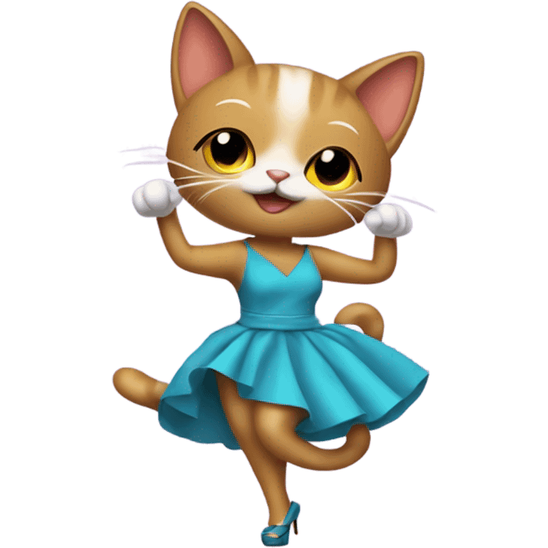 Cat with high heels dancing being silly with big hoop earrings and a dress emoji