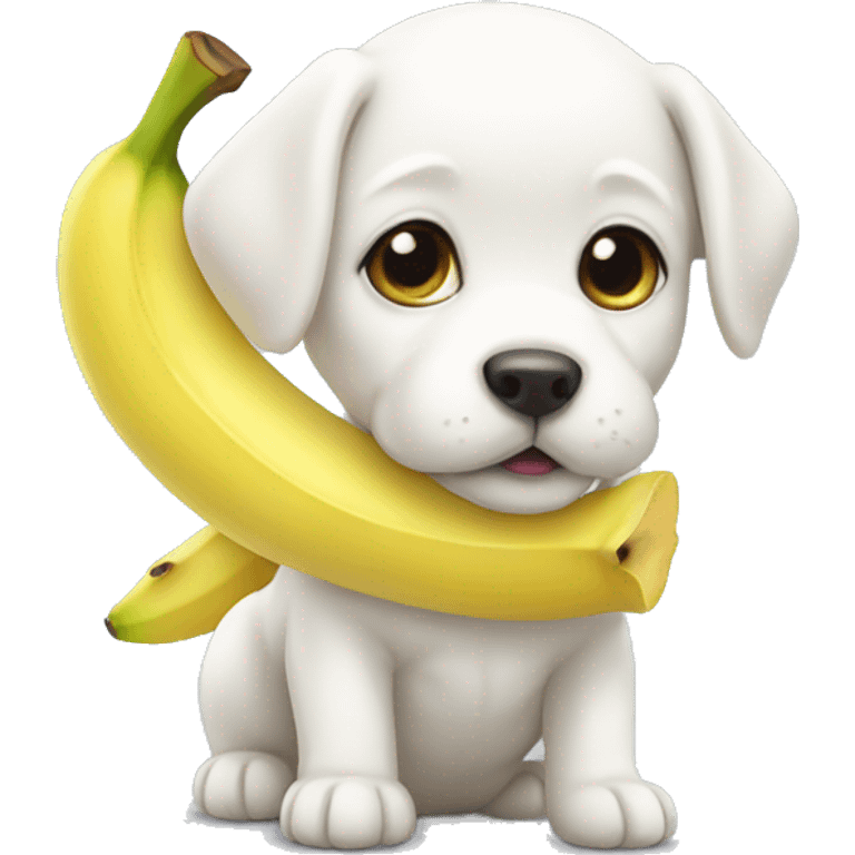 A white puppy wearing banana clothes. emoji