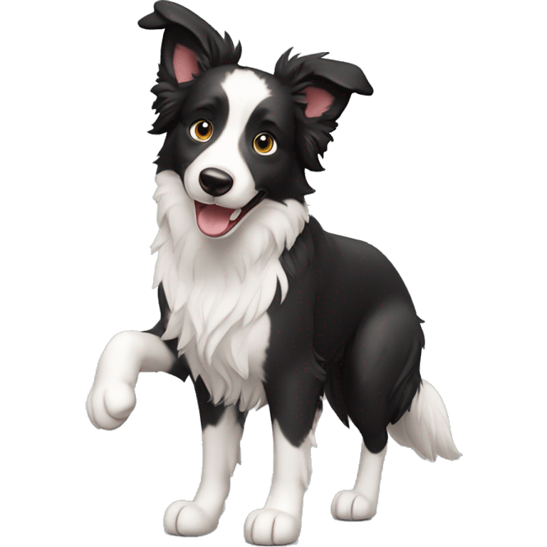 A cute Border Collie with its two front legs raised and smiling emoji