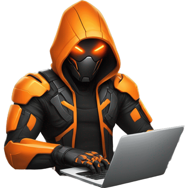  developer behind his laptop with this style : crysis Cyberpunk Valorant orange glowing bright orange character orange black hooded assassin themed character emoji